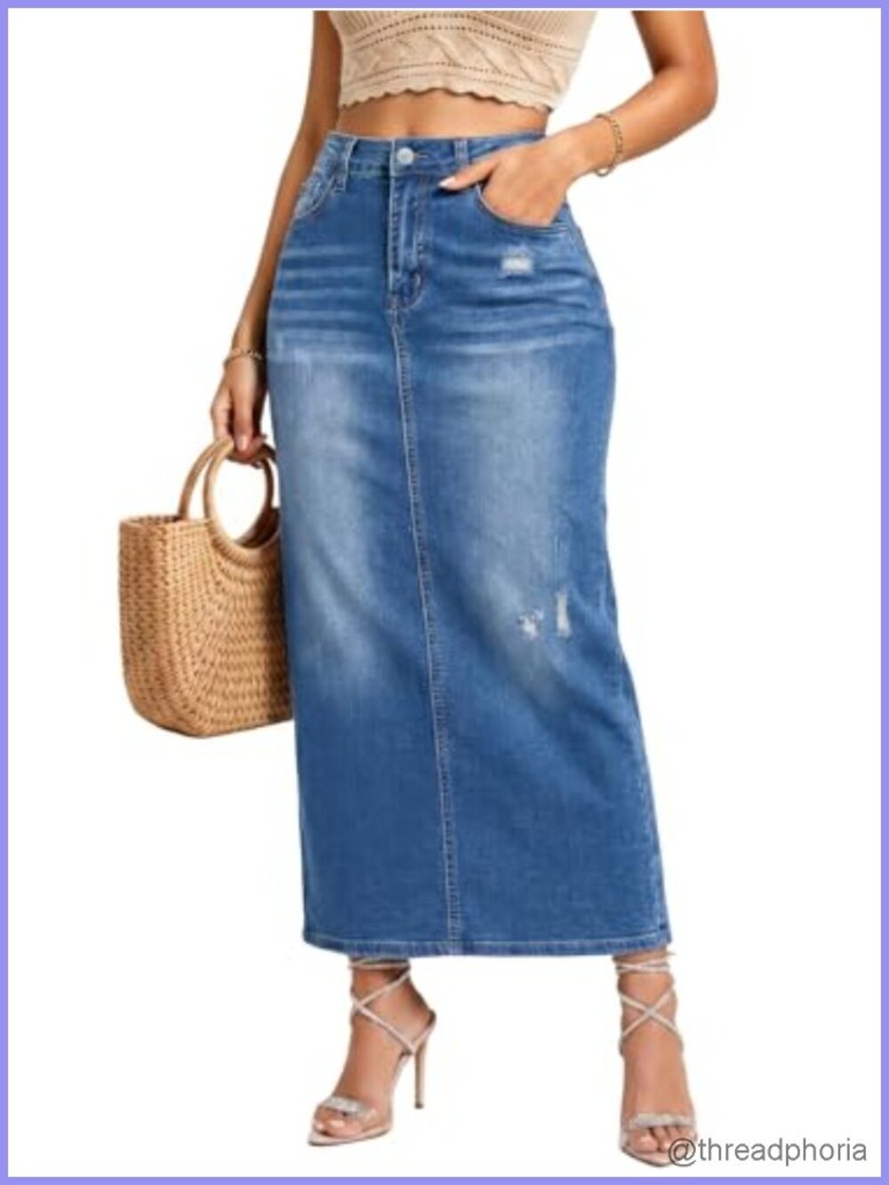 High Waisted Long Denim Skirt with Back Slit Distressed Stretch